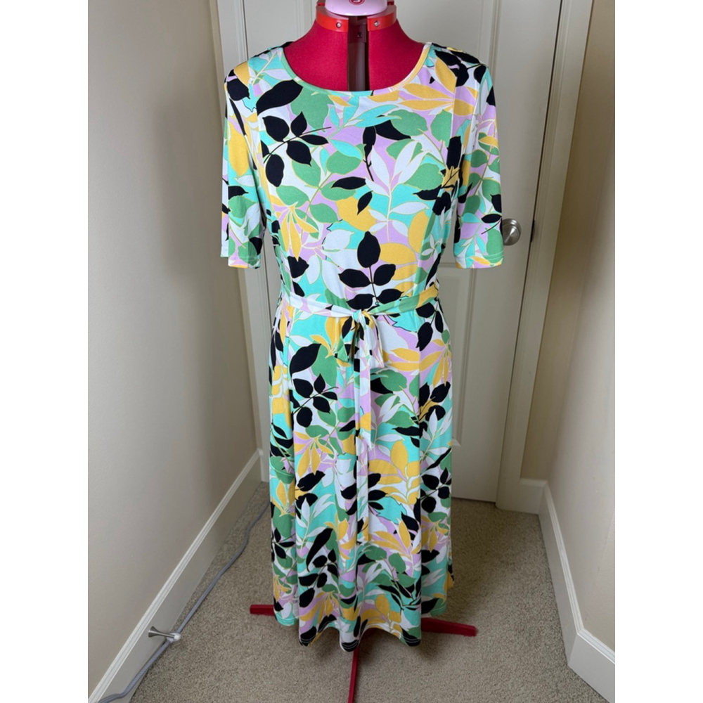 Women's Nina Leonard XL Multi-color Leaf Print Short Sleeve Maxi Dress - Picture 2 of 11